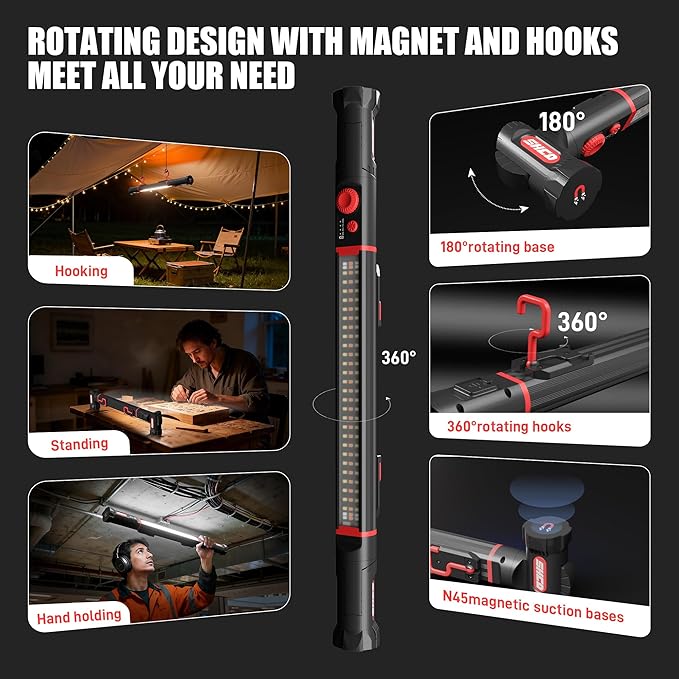 Work Light for Mechanics, 3300LM LED Work Light, 5200mAh Rechargeable Magnetic Work light, Underhood Work Light with Hooks, Cordless Portable Work Light for Car Repairing Garage Workshop and Emergency