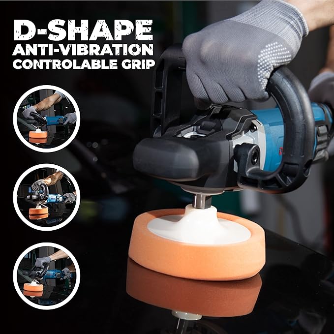 DongCheng Buffer Polisher, 1250W Car Buffer with 600-3500 RPM. 7 Inch Mini Polisher with 8 Variable Speed, Detachable D-shape Handle, Car Buffer Waxer for Car/Boats Detailing and Waxing