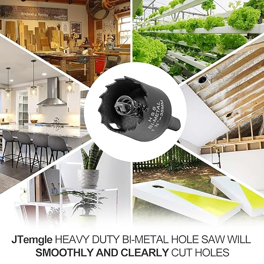 1-3/8 Inch Hole Saw with 9.1mm Triangle Shank Arbor, JTemgle Bi-Metal Hole Saw Heavy Duty Hole Cutting Tool for Cornhole Boards, Recessed Lights, Wood, Plastic, Drywall & Soft Metal