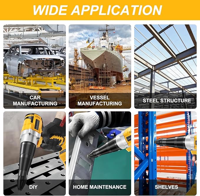 Cordless Rivet Gun for De-Walt 20V Battery, Electric Rivet Tool with LED Light, 3 Size for 1/8", 5/32", 3/16" Rivets–Brushless Blind Pop Rivet Gun Tool for Aluminum & Steel Rivets (Tool Only)