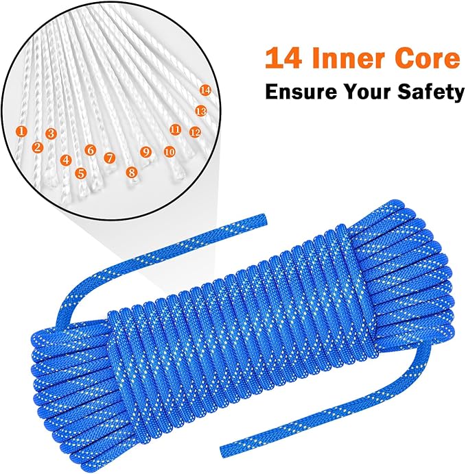 AOLEBA 8.5mm Static Climbing Rope, Outdoor Rock Climbing Ropes, Heavy Duty Rappelling Rope for Fire Rescue, Escape, 10M(32Ft) 20M(64Ft) 30M(96Ft) Ice Climbing Equipment & Parachute Accessories