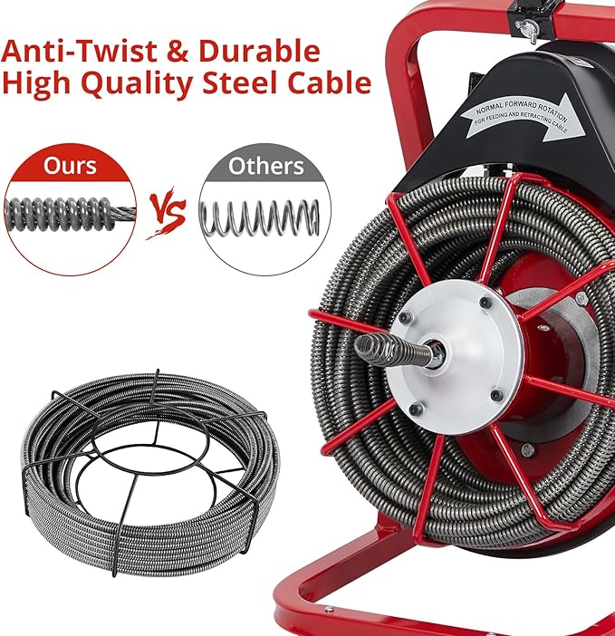 75Ft 3/8 Inch Electric Drain Cleaner Machine Auto Feed Drain Auger for 1 to 4 Inch Pipes Professional Sewer Snake with 4 Cutters Gloves Heavy Duty Clog Remover