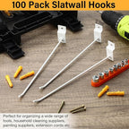Moxweyeni 100 Pack Slatwall Hooks Slatwall Accessories Slat Wall Hanging Pegboard Hangers Slat Board Display Hooks for Retail Garage Organization Gridwall, White(9.8 Inch)