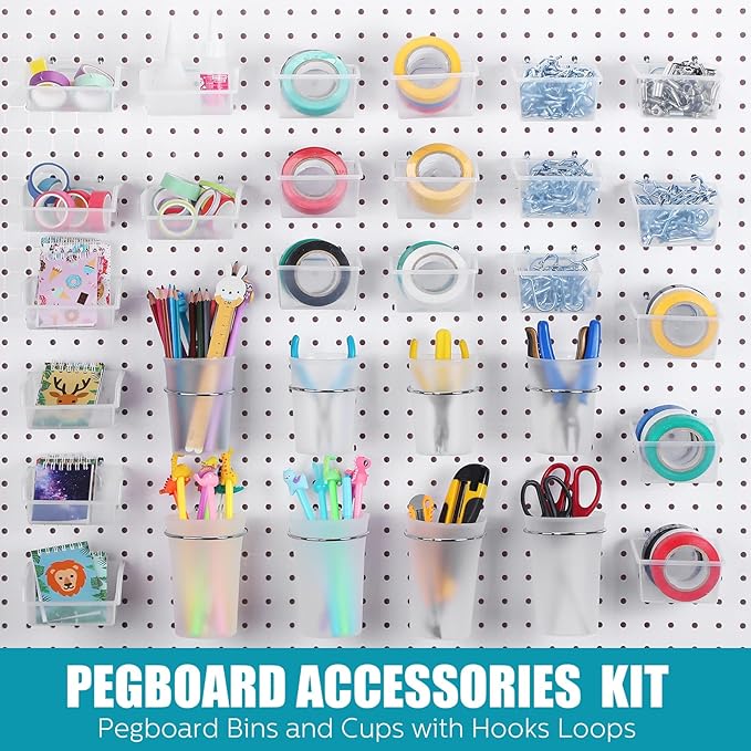 64 Pieces Pegboard Bins Pegboard Cups with Hooks and Loops Peg Hooks Assortment Organizer Accessory for Organizing Accessories Tools Storage Office Workshop Garage Workbench (Transparent)