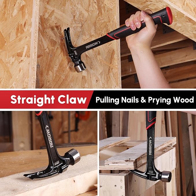 ARROW 20 oz Straight Claw Hammer with Magnetic Nail Holder, Side Nail Puller, Rip Claw Hammer with Milled Face & Shock Absorbing Grip, Heavy Duty One-piece Forged Hammer