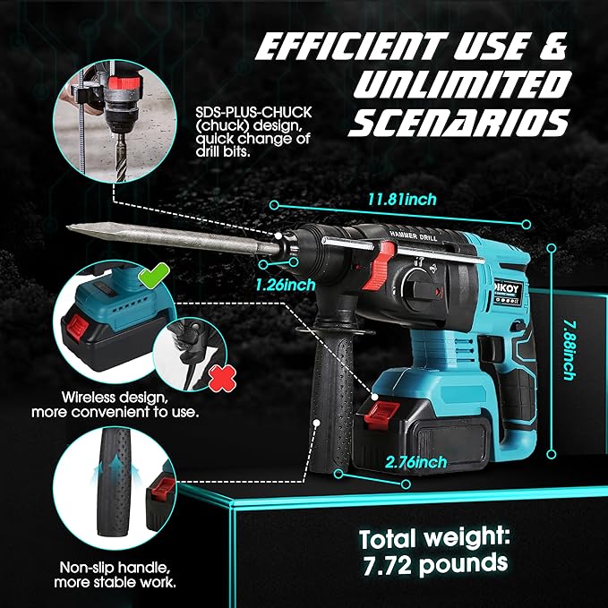 1-1/4 Inch Cordless Rotary Hammer Drill SDS-Plus Brushless for Makita 18-21V Battary, 4000BPM Jack Demolition Hammer Drill for Concrete with Safety Clutch 3 Functions & Toolbox（Battery Not Included）
