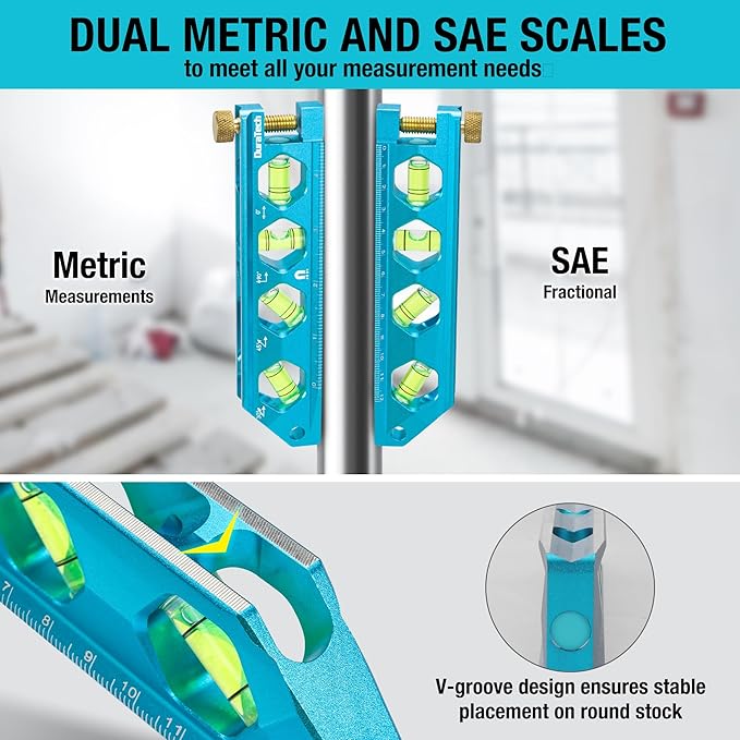 DURATECH 6.25-Inch Level, Magnetic Torpedo Level with 0°/30°/45°/90° Bubbles, V-Groove, Large Viewing Window, Aluminum Alloy Body, Hanging Hole, SAE and Metric Scale for DIY Projects and Household Use