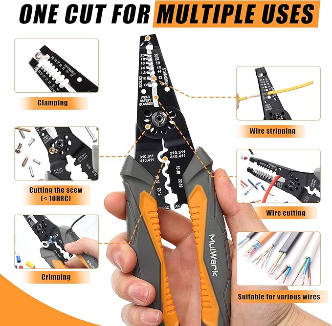 MulWark 3 in 1 Automatic Self Adjusting Wire Stripper/Cutter/Crimper, 8 Inch Multi Pliers For Electrical Wire Stripping, Cable Cutting, Crimping Tool from 8 AWG to 30 AWG