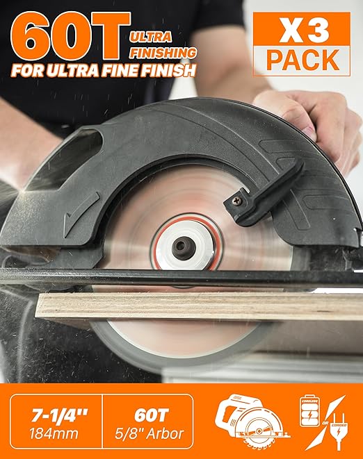 EASEWORK 7-1/4 Inch Circular Saw Blade, 60T, 5/8" Arbor, ATB TCT, 3-Pack, Ultra-Fine Finishing for Softwood & Hardwood Crosscutting, Fits DEWALT DCS570B, DCS577B, DWA171460, Diablo D0760A