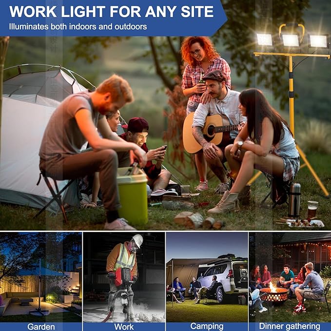 14000Lumens LED Work Lights with Stand, 2 Adjustable Work Lamp Head with Individual Switch, IP66 Waterproof Tripod Work Light for Outdoor Indoor Job Site Workshop Garage Construction Site