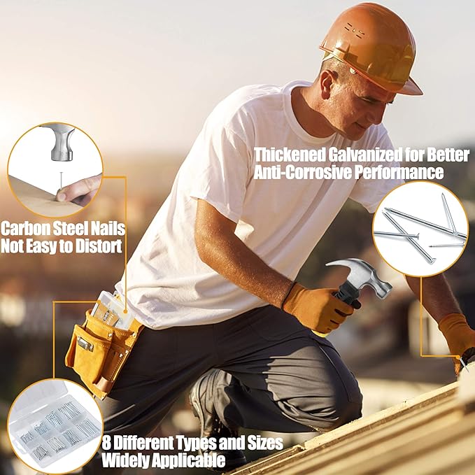 KURUI 700PCs Small Nails for Hanging Pictures & 8oz Small Hammer, Mini Hammer for Hanging Wall Decor, Hardware Roofing Nails Assortment Kit, 280 Wall Nails & 280 Finishing Nails, Picture Hangers