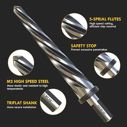 1" Bridge Construction Reamer, M2 HSS Taper Chucking Reamer Drill Bit with 5-Spiral Flutes Design for Steel, Alloy, Aluminum, Wood and Plastic