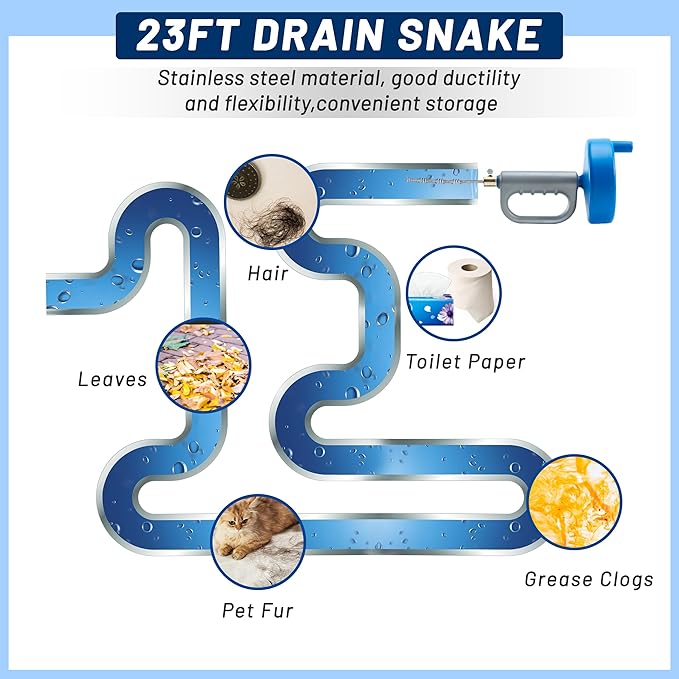 Snake Drain Hair Removal Tool - 23FT Reusable 72A Carbon Steel Drain Snake Hair Drain Clog Remover with Drill Adapter for Kitchen, Bathroom, Shower Sink - Removes Hair, Pet Fur, Leaves, Toilet Paper
