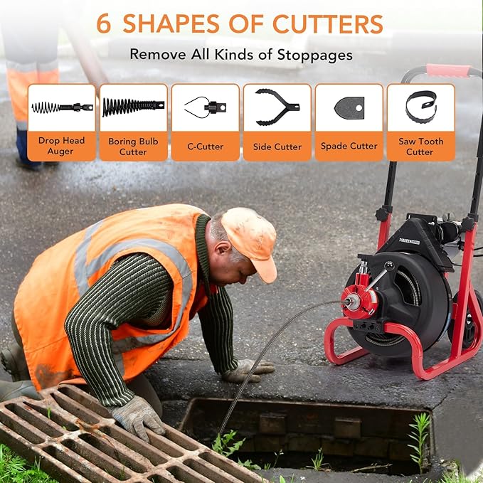 PioneerWorks 75Ft x 1/2 Inch Drain Cleaner Machine, Auto-feed Electric Drain Auger Professional for 2 to 4 Inch Pipes, with 6 Cutters, Glove, Drain Auger Cleaner Sewer Snake