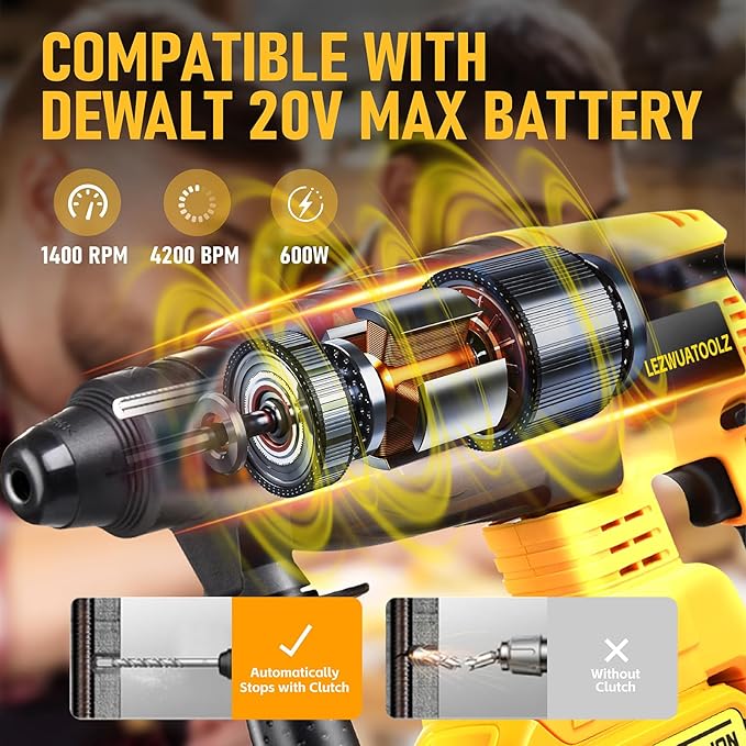 7/8" Rotary Hammer Drill Compatible with Dewalt 20V MAX Battery, Brushless SDS 2.6 Joules Rotary Hammer Drill, 4 Modes with 360°Auxiliary Handle and 5 Drill Bits Kitbox (Tool Only)