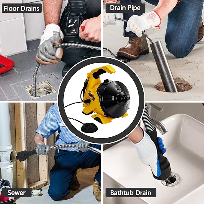 PIONEERWORKS Drain Cleaner Machine 30Ft x 3/10In, Auto-feed Electric Drain Auger for 3/4In - 2In Pipes, Cable in Piano Wire, with Foot Switch, Sewer Snake for Sinks, Toilets, and Floor Drains - DA05