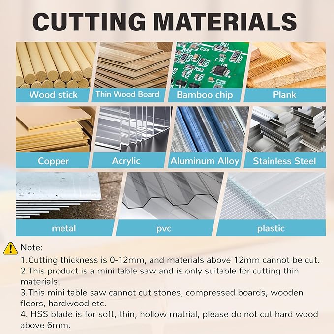 Mini Table Saw-96W Dual Motor 12MM Cut Depth, 0-90° Angle Adjustment 4 Blades Set & Compact for Wood Crafts, PCB, Acrylic DIY Hobby Saws