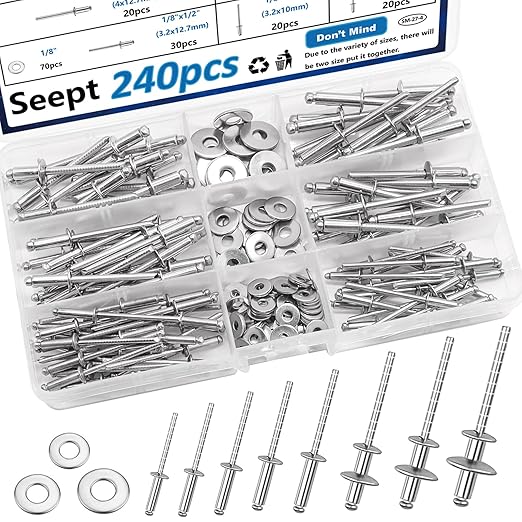 240pcs Steel Rivets with Washers 7-Sizes 304 Stainless Steel Pop Rivets Assortment Kit 1/8",5/32",3/16" for Metal,Furniture,Automotive,Instruments