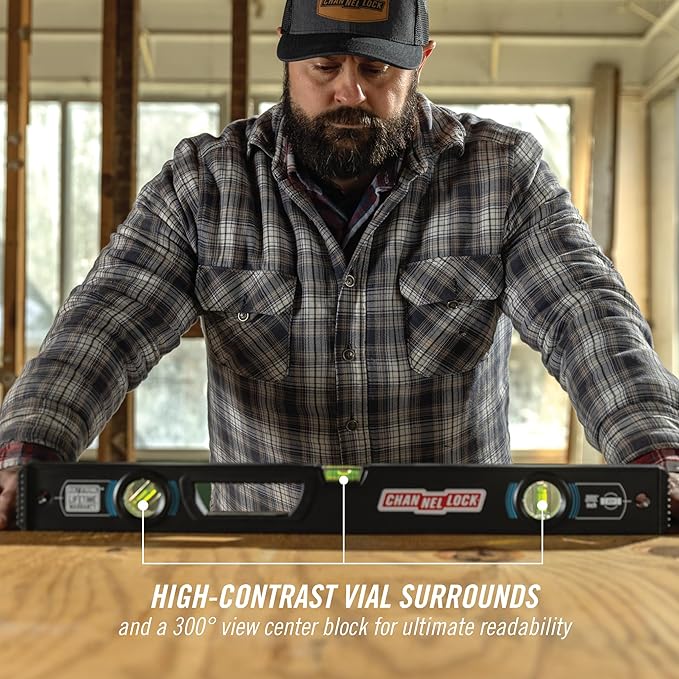 CHANNELLOCK 24-Inch, Professional-Grade Aluminum Box Level with Solid Block Acrylic Vials, 5200-0024