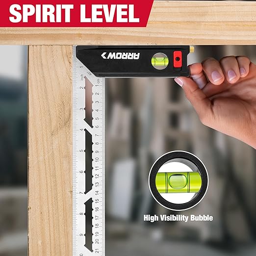 Arrow 10-Inch Try Square, Woodworking Square with Stainless Steel Blade, Aluminum Handle, 1-Inch Scribe Notches and Bubble Level, Layout and Marking Tool for Carpenters