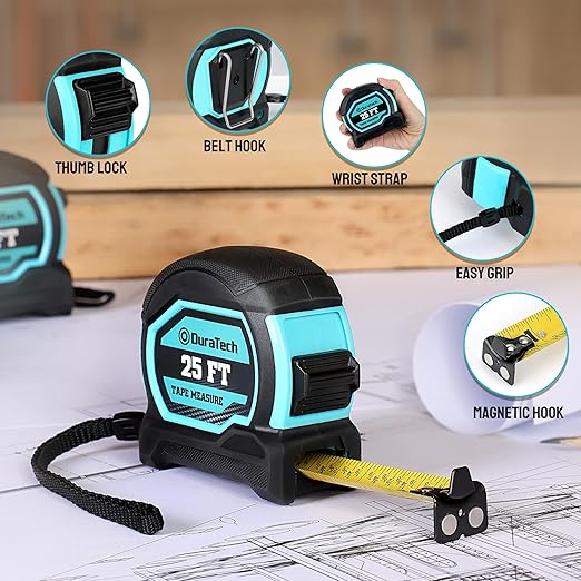 DURATECH Magnetic Tape Measure 25FT with Fractions 1/8, Retractable Measuring Tape, Easy to Read Both Side Measurement Tape, Magnetic Hook and Shock Absorbent Case for Construction, Carpenter