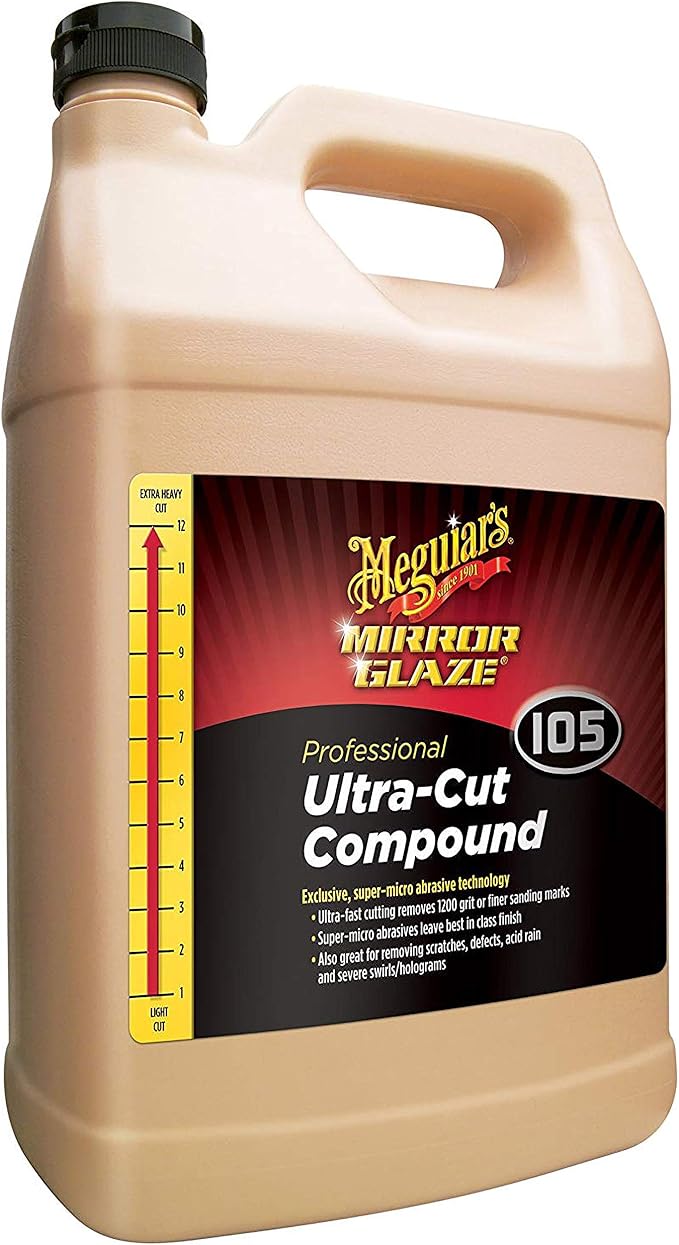 Meguiar's Mirror Glaze M105 Ultra-Cut Compound, Car Rubbing Compound for Removing Scratches and Heavy Swirls While Adding Shine, Safe and Effective on All Glossy Car Paint and Clear Coats, 1 Gallon