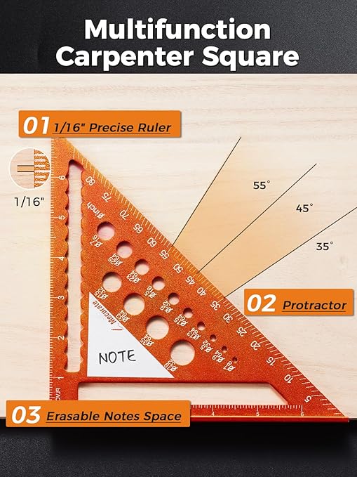 Mecurate 7-Inch Aluminum Alloy Rafter Square with 2-in-1 Carpentry Pencil - Durable Measuring and Marking Tool for Woodworking, Construction, and DIY Projects