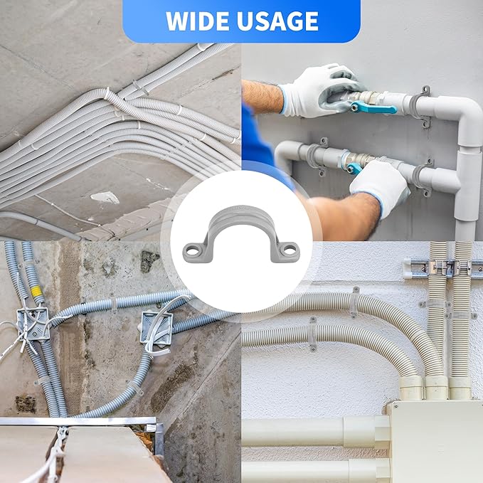 100 Pcs PVC Pipe Straps 1/2 Inch, Plastic Conduit Clamp Pipe, 2 Holes Heavy Duty U Clamps for 1/2 inch PVC Pipe Conduit Cables Hose