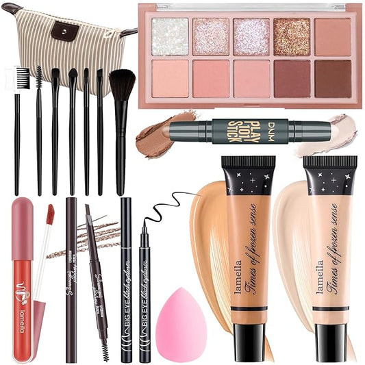 Makeup Kit For Girls Teens Women, Makeup Set, Makeup Present, Includes Eyeshadow Palette, Foundation, Eyebrow Pencil, Eyeliner, Lip Gloss, Counter Stick, Makeup Brush Set Bag & Sponge-VeraVaultWomen