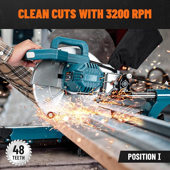 Updated 10-Inch Sliding Miter Saw, Multi-Material Cutting w/ 3 x TCT Blades, Ambidextrous Operation, 5000/3200RPM Speed, Laser Guide, 0-45° Bevel Cut, Max Cut 3.5x13.4in, 9 Positive Stops