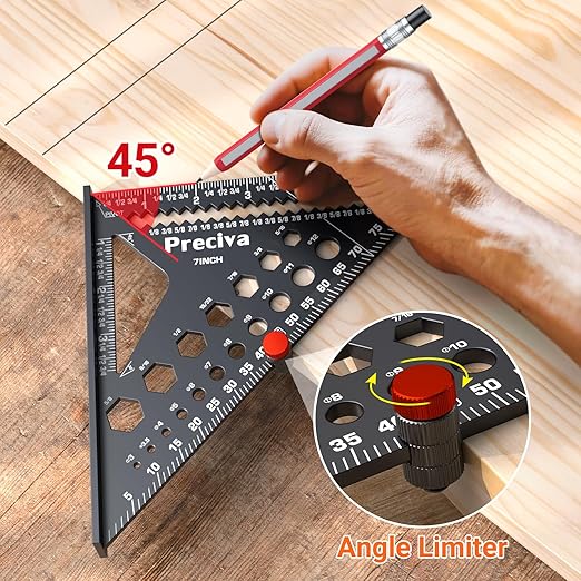 Preciva Carpenter Square 7 inch, 1/16" Precision Rafter Square Aluminum Alloy with Limiter and Pencil, Multi-Purpose Carpenter Tool Measuring Layout Tool for Woodworking and Carpentry