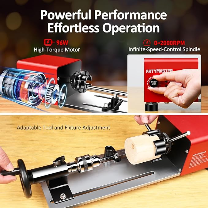 Mini Lathe, WM101A-Plus Mini Wood Lathe Machine, 24VDC 96W Power Lathe, Small Benchtop Lathe with Wood Turning Lathe Tools Kits, Infinitely Variable Speed, Professional for DIY Woodworking