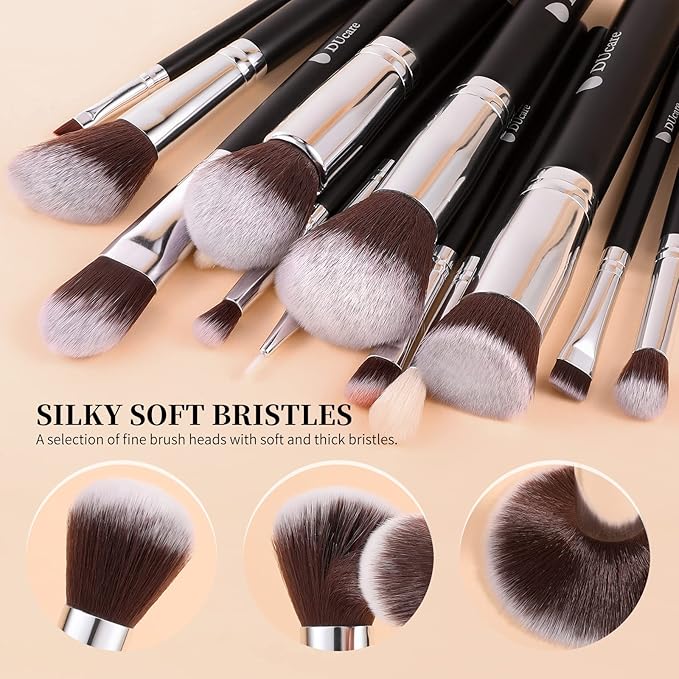 DUcare 15pcs Classic Black Makeup Brush Set with Bag Professional Soft Synthetic Foundation, Blending, Eyeshadow, Powder, Concealer Brushes for Flawless Makeup Application-VeraVaultWomen