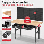 Work Bench for Garage with Drawers 60 x 22 Inch Heavy Duty Rubberwood Tabletop Work Table with Pegboard, Power Outlets Adjustable Workbench for Woodworking Shop, Home, Office, Electronic