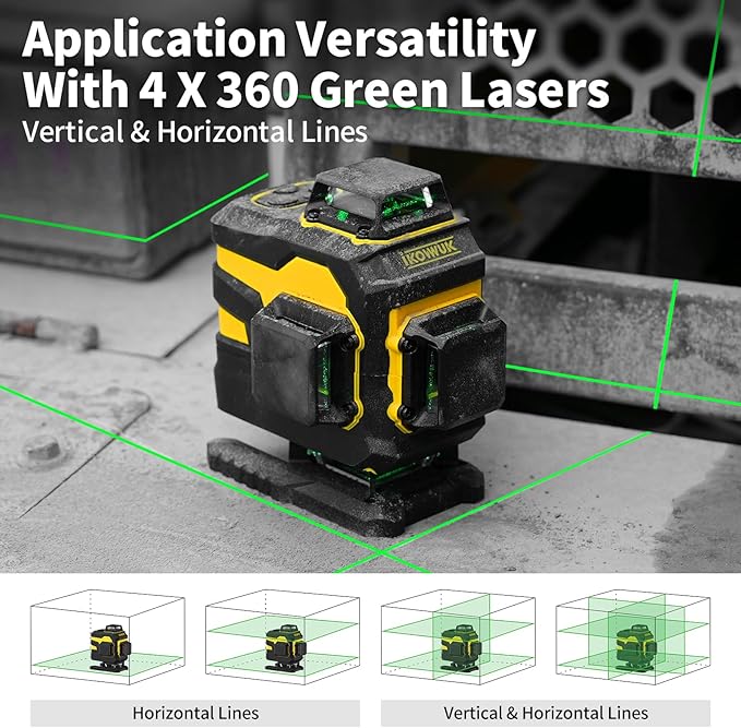 IKOVWUK 4x360° Laser Level Pro Kit, Self-leveling Tool for Construction, Tiling Floor & Picture Hanging, 4D Cross Line Laser Level with Fine-tuning Bracket, 16 Lines Laser level with 2*4000mAh Battery