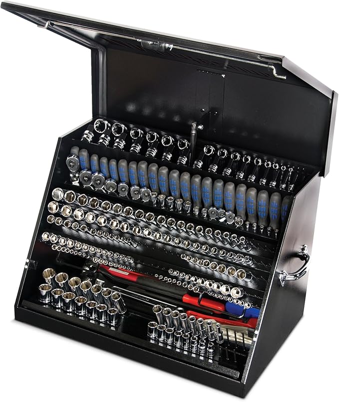 Montezuma – LA400B – 30-Inch Portable TRIANGLE Toolbox – Multi-Tier Design – 16-Gauge Construction – SAE and Metric Tool Chest – Weather-Resistant Toolbox – Lock and Latching System