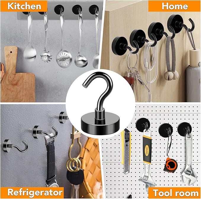 MIKEDE Magnetic Hooks, 40Lbs Strong Neodymium Black Magnet Hook for Hanging, Heavy Duty Magnetic Hooks Classroom Must Have, Magnet with Hooks for Home, Kitchen, Workplace, School - Pack of 10