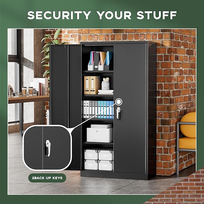 Greenvelly Metal Garage Storage Cabinet, 72” Locking Black Tool Steel Cabinet with Doors and 4 Shelves, Tall Metal Cabinets with Garage Storage Systems for Home Office, Kitchen/Pantry