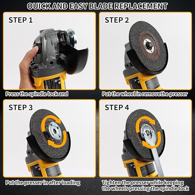 Cordless Angle Grinder, 4-1/2"-Inch Powerhouse. 9000RPM Brushless Motor. Compatible with Dewalt 20V Max Battery(No Battery). Comes with Pin Wrench. Perfect for Metal/Wood Polishing/Thin Steel Cutting