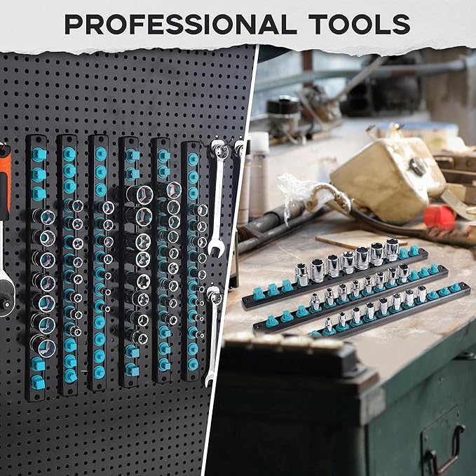 1/4-Inch Drive Magnetic Socket Organizer, Heavy Duty Aluminum Socket Rail Organizer, 360° Swivel Clips Socket Holder Kit for Tool Box, 1/4-Inch Socket Holder x 14 Clips (Aqua Blue)