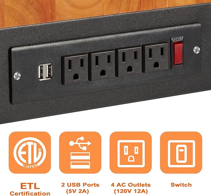 Haddockway Adjustable Workbench for Garage,48"x 24" Rubber Wood Top Worktable with Power Outlets, Max 2000 Lbs Load Capacity Heavy Duty Workstation for Workshop Office Home (Black Frame, 48in)