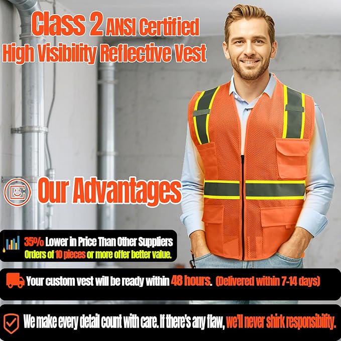 BeautyWill Custom Safety Vest Customized Logo Class 2 High Visibility Reflective Vest with Pockets Construction workwear
