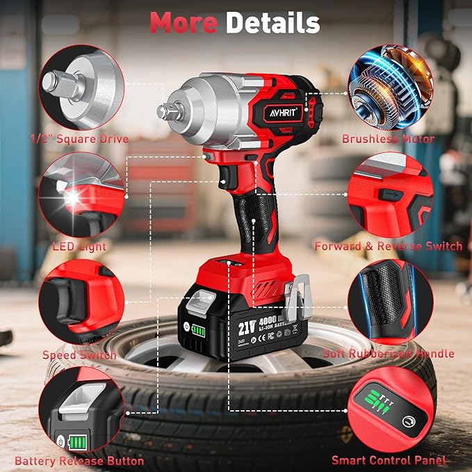 Avrhit Cordless Impact Wrench 1/2 Inch, 1300Nm / 960ft-lbs High Torque Impact Gun with 2x 4.0Ah Batteries, 5 Sockets Electric Impact Driver for Car/Truck RV/Mower