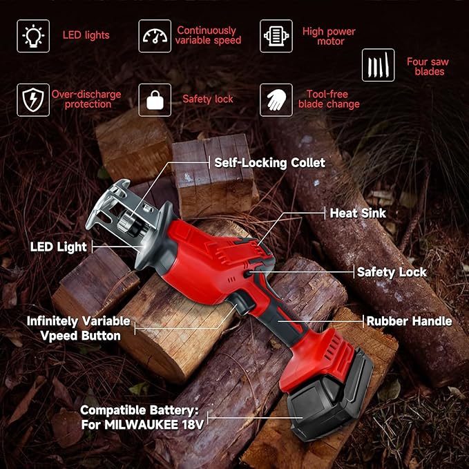 Cordless Reciprocating Saw for Milwaukee M18B Battery, Brushless Sawzall Tool-Free Blade Change with 4 Saw Blade,0-3000 SPM Variable Speed for Wood/Metal/PVC Cutting