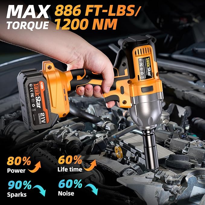 Cordless Impact Wrench 1/2 Inch, 1200N·m(886ft・lbs) Brushless High Torque Impact Gun, 21V Electric Impact Driver, 2x4.0Ah Batteries, Charger & 6 Sockets, Variable Speeds for Car/Truck RV/Mower