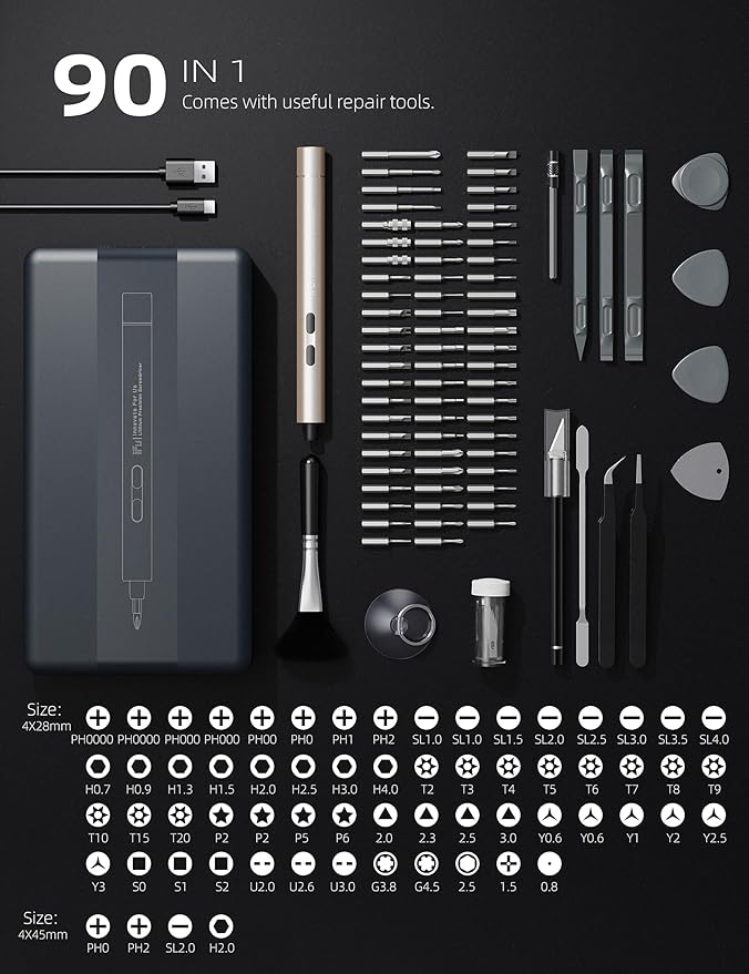 iFu Mini Electric Screwdriver, 90 in 1 Precision Screwdriver Set – Small Cordless Power Screwdriver with LED Light & 64 Magnetic Bits, Repair Tool for Phone Laptop Camera Watch Computer