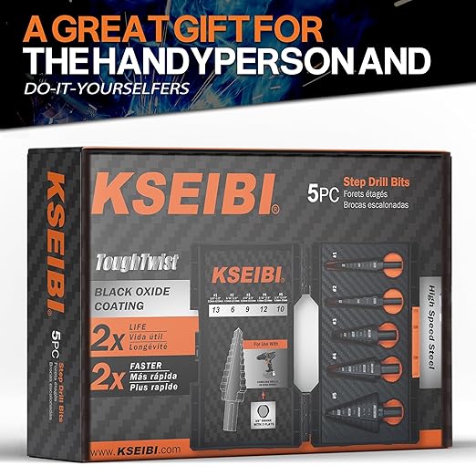 KSEIBI 598240 Industrial Grade Unibit 5-Pieces Step Drill Bits Set 3-Flat Shank, High-Speed Steel Metal Drill Bits Kit Black Oxide M2 for Drilling Stainless Steel, Aluminium, Wood