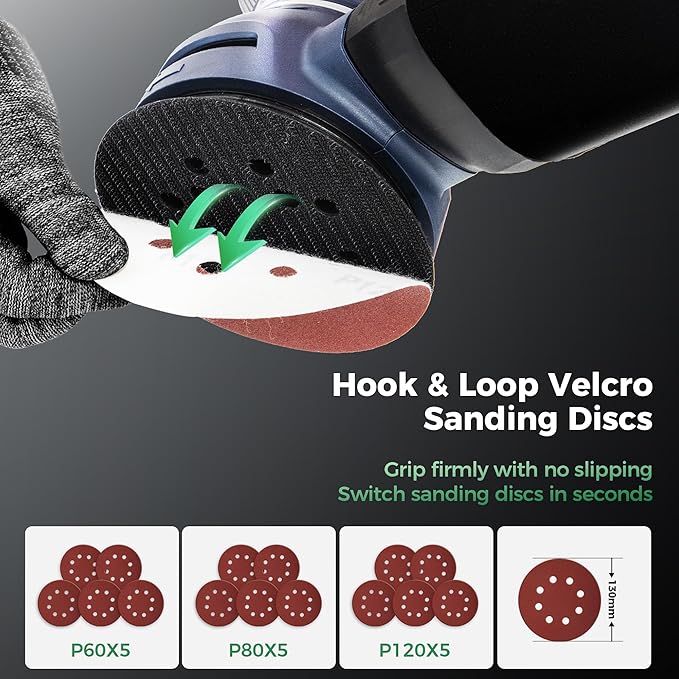 5-Inch Random Orbital Sander with Brake, 3.0AMP Electric Palm Sander 6 Variable Speed, 13000RPM Power Sander with 15pcs Sandpapers, ZeroDust & Vacuum Attach Collection System for Woodworking Sanding