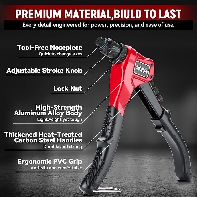 Rivet Gun Kit, Manual Pop Rivet Tool with 200 Rivets and 4 Drill Bits, 4 Tool-Free Interchangeable Rivet Heads, Heavy-Duty Hand Riveter with Sturdy Case for Metal, Plastic, Leather