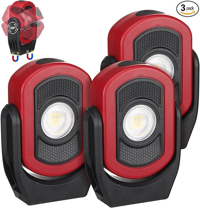 Retisee 3 Pcs 720 Lumens Magnetic Work Light USB Rechargeable LED Flashlight Portable Inspection Light for Car Repair Emergency Lighting Mechanics Workshop (Red)